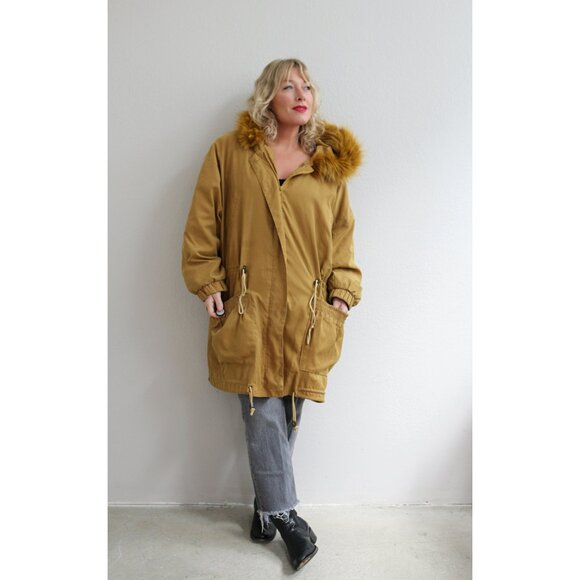1980's Vintage John Weitz Chartreuse Fox Fur Parka Women's Medium to Large MD LG - Picture 2 of 10